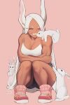  1girl animal_ears boku_no_hero_academia breasts bunny closed_eyes commentary dark-skinned_female dark_skin english_commentary full_body grey_hair highres long_hair mirko muscular muscular_female parted_lips pink_background rabbit_ears rabbit_girl shoes shorts simple_background smile solo squatting teeth very_long_hair zukululuu 