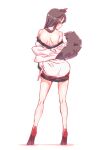  1girl absurdres animal_ears ass back bangs bare_legs bare_shoulders brown_hair commentary_request dress eyelashes from_behind full_body highres imaizumi_kagerou long_hair long_sleeves looking_at_viewer looking_back non_(z-art) open_mouth red_eyes red_footwear shadow shoes simple_background solo standing tail touhou white_background white_dress wolf_ears wolf_tail 