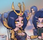  3girls :d alternate_costume bangs bespectacled black_cape black_hair breasts cape cleavage glasses gradient gradient_background hair_ornament heart league_of_legends leblanc_(league_of_legends) medium_breasts multiple_girls multiple_persona open_mouth phantom_ix_row round_eyewear shiny shiny_hair short_hair sitting smile yellow_eyes 