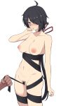  1girl absurdres ahoge bangs black_hair blush bow breasts eyebrows_visible_through_hair female_pubic_hair hair_over_one_eye highres kako_(kancolle) kantai_collection long_hair medium_breasts naked_ribbon navel nipples nude pubic_hair ribbon short_hair simple_background sweat takaman_(gaffe) 