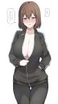  1girl absurdres ass_visible_through_thighs bangs black_jacket blue_eyes blush breasts brown_hair hair_between_eyes hair_ornament hand_in_pocket highres jacket kantai_collection large_breasts long_sleeves maya_(kancolle) nose_blush parted_lips short_hair simple_background solo speech_bubble sweat takaman_(gaffe) track_jacket translated white_background x_hair_ornament 