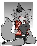  2022 3_toes absurd_res anthro barefoot blush bodily_fluids bottomwear breasts canid canine canis claws clothed clothing feet female flying_sweatdrops fur grey_body grey_fur grey_hair hair half-closed_eyes hi_res kangwolf kemono kneeling looking_at_viewer mammal midriff narrowed_eyes pawpads paws shirt shorts sitting solo sweat sweatdrop toe_claws toes topwear wariza wolf 