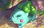  animal_focus bright_pupils bulbasaur claws commentary_request from_above illustration_room_nagi no_humans one_eye_closed pokemon pokemon_(creature) red_eyes shadow solo white_pupils 