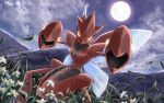  blurry cloud commentary_request crudefish fighting_stance flower leaf leaves_in_wind legs_apart looking_at_viewer moon night no_humans outdoors pokemon pokemon_(creature) scizor sky solo standing white_flower yellow_eyes 