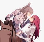  2girls armor blush breastplate breasts closed_eyes cordelia_(fire_emblem) fire_emblem fire_emblem_awakening hair_ornament horse long_hair looking_at_another multiple_girls red_hair simple_background sumia_(fire_emblem) ujugn yuri 
