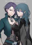  2girls armor armored_dress asymmetrical_hair black_choker black_cloak black_dress black_shirt blue_eyes blue_hair breasts byleth_(fire_emblem) byleth_(fire_emblem)_(female) choker cleavage cloak closed_mouth cowboy_shot dress expressionless eyebrows_visible_through_hair eyes_visible_through_hair fire_emblem fire_emblem:_three_houses green_jacket grey_background hair_between_eyes jacket l0gman large_breasts lips long_hair looking_at_viewer medium_breasts multiple_girls open_clothes open_jacket purple_eyes purple_hair shamir_nevrand shirt short_hair simple_background smile standing translated 