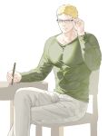  1boy bara bespectacled blonde_hair covered_abs crossed_legs cute_potato_(cute_potato_ner) feet_out_of_frame glasses green_shirt highres holding large_pectorals long_sleeves looking_at_viewer male_focus muscular muscular_male pants pectorals pencil reiner_braun shingeki_no_kyojin shirt short_hair smile solo tight tight_shirt white_pants 
