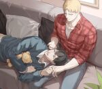  2boys bertolt_hoover black_hair blonde_hair blush collared_shirt couch couple cute_potato_(cute_potato_ner) denim doll highres holding holding_doll holding_hands jeans lap_pillow large_pectorals male_focus multiple_boys official_alternate_costume on_couch pants pectorals red_shirt reiner_braun shingeki_no_kyojin shirt short_hair smile stuffed_animal stuffed_toy teddy_bear toned toned_male yaoi 