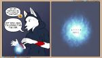  2021 anthro arkdoggo arkdoggo_(character) berger_blanc_suisse blue_eyes canid canine canis clothing dialogue domestic_dog duo fox fur grey_background herding_dog hi_res humanoid_eyes jake_(arkdoggo) male mammal orange_body orange_fur orb pastoral_dog pupils red_body red_fur robe simple_background slit_pupils speech_bubble tan_body tan_fur text white_body white_fur 