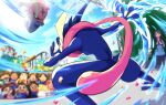  accelgor audience blurry child cloud commentary_request confetti day froakie greninja legs_apart oooise outdoors pokemon pokemon_(creature) psyduck sky squatting stage standing 