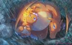  blue_eyes charizard charmander claws closed_mouth commentary_request fangs fangs_out fire flame-tipped_tail frown highres holding_tail ivory_(25680nico) night no_humans outdoors pokemon pokemon_(creature) rain rock tail wet 