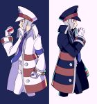  2boys absurdres belt_buckle black_coat black_headwear black_pants blue_necktie brothers buckle closed_mouth coat collared_shirt commentary dress_shirt emmet_(pokemon) english_commentary from_side gloves grey_eyes grey_hair hand_up hat high_collar highres holding holding_poke_ball ingo_(pokemon) long_sideburns long_sleeves male_focus multiple_boys necktie pants peaked_cap poke_ball poke_ball_(basic) pokemon pokemon_(game) pokemon_bw poppukopimimi shirt short_hair siblings sideburns sideways_glance smile trench_coat white_coat white_gloves white_headwear white_pants white_shirt 
