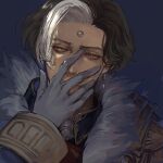  1boy blue_background brown_hair covered_mouth earrings emet-selch face final_fantasy final_fantasy_xiv fur_trim garlean gloves hand_on_own_face hug_ff14 jewelry looking_to_the_side male_focus multicolored_hair portrait short_hair solo streaked_hair third_eye white_gloves white_hair yellow_eyes 