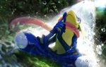  absurdres bright_pupils closed_mouth commentary_request from_below greninja highres kachin no_humans orange_eyes own_hands_together pokemon pokemon_(creature) sitting smile solo sparkle tongue water water_drop waterfall white_pupils 