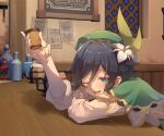  1boy ;d alcohol beer_mug blue_hair blush bottle braid cape cup drunk flower frilled_sleeves frills genshin_impact green_cape green_eyes green_headwear hair_flower hair_ornament holding holding_cup indoors long_sleeves looking_at_viewer mug one_eye_closed otoko_no_ko sitting smile table tavern twin_braids venti_(genshin_impact) window 