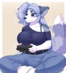  2022 5_fingers absurd_res anthro barefoot belt big_breasts blue_eyes bodily_fluids bottomwear bra_strap breasts canid canine cecily_lin claws clothed clothing controller feet female finger_claws fingers flying_sweatdrops fur game_controller gaming grey_body grey_fur hair hi_res kemono long_hair mammal multicolored_body multicolored_fur multicolored_tail off_shoulder pants pawpads playing_videogame shirt silver_hair sitting solo sweat sweatdrop tail_motion tailwag tight_clothing topwear white_body white_fur wireless_controller 
