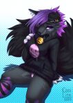  2020 absurd_res anthro arm_support bell bell_collar biped black_clothing black_hoodie black_nose black_topwear blush bottomwear canid canine clothing cocoline cocoline_(artist) collar dated digital_media_(artwork) ear_piercing ear_ring female fur gold_piercing grey_body grey_fur hair hi_res hoodie inner_ear_fluff looking_at_viewer mammal panties pattern_background pattern_bottomwear pattern_clothing pattern_panties pattern_underwear piercing purple_eyes purple_hair shaded signature simple_background sitting solo topwear tuft underwear white_inner_ear_fluff 