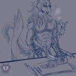  &lt;3 2021 ambiguous_gender anthro blush claws duo eyewear food fur genitals glasses hair hi_res imminent_sex knife male mammal monochrome nude penis ruttingstrap sergal slit tongue tongue_out vilous vilous_universe 