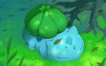  blurry bulbasaur closed_eyes commentary_request day grass leaf lying no_humans on_stomach outdoors pokemon pokemon_(creature) sleeping solo tree yoshida_(penguindynamite) 