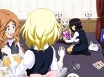  4girls :o alternate_costume andou_(girls_und_panzer) bag bangs bc_freedom_school_uniform black_dress black_hair black_legwear blonde_hair blue_cardigan blue_eyes blue_necktie brown_eyes candle cardigan cardigan_removed casual censored commentary commission dark-skinned_female dark_skin dress dress_shirt drill_hair facing_away girls_und_panzer green_eyes green_sweater highres indoors isabe_(girls_und_panzer) key_(gaigaigai123) kneehighs long_hair looking_at_another marie_(girls_und_panzer) medium_hair messy_hair mosaic_censoring multiple_girls necktie orange_hair oscar_francois_de_jarjayes oshida_(girls_und_panzer) pantyhose parted_bangs pinafore_dress school_uniform seiza shirt shopping_bag short_dress sitting striped_necktie sweater versailles_no_bara wavy_hair white_shirt 