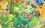  ;d blue_flower bright_pupils bulbasaur claws commentary_request day fangs flower flower_pot grass looking_up one_eye_closed open_mouth orange_eyes orange_flower outdoors pokemon smile tapioka_chaso tongue water water_drop watering_can white_flower white_pupils 