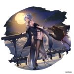  1boy 1girl ash_arms black_footwear black_gloves black_legwear breasts character_request cloud company_name copyright crescent dress full_moon genyaky gloves half_gloves headwear_request high_heels highres large_breasts moon night night_sky no_panties official_art pelvic_curtain pov purple_eyes see-through_dress shawl short_hair side_slit sidelocks sky solo_focus standing standing_on_one_leg star_(sky) thighhighs white_hair 