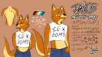  2022 arkdoggo bottomwear canid canine clothed clothing crop_top cutoffs denim denim_clothing eyes_closed fox fox_ears fox_tail fully_clothed fur girly hi_res humanoid_hands jake_(arkdoggo) male mammal model_sheet narrowed_eyes nude orange_body orange_fur shirt shorts signature solo star tan_body tan_fur text text_on_clothing text_on_shirt text_on_topwear tongue tongue_out topwear 