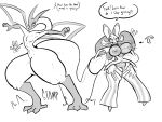  anthro blush body_swap breast_expansion breasts clothing dialogue duo embarrassed expansion female female/female flygon genitals greyscale hi_res ivy_hisski l0ad1ng lora_lentos lurantis monochrome nintendo pok&eacute;mon pok&eacute;mon_(species) thick_thighs video_games wardrobe_malfunction wide_hips 