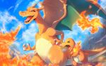  &gt;_&lt; breathing_fire charizard charmander claws closed_eyes cloud commentary_request day fangs fire flame-tipped_tail highres ivory_(25680nico) no_humans open_mouth outdoors pokemon pokemon_(creature) sky sweatdrop tongue 