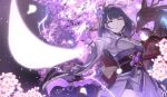  1girl braid cherry_blossoms edelweiss_(wsparkz) electricity flower genshin_impact hair_flower hair_ornament highres holding holding_sword holding_weapon japanese_clothes kimono long_sleeves looking_at_viewer mole mole_under_eye purple_eyes purple_hair purple_kimono raiden_shogun solo sword tree weapon 