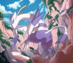  blurry closed_mouth cloud commentary_request day from_below frown highres horezai mienshao no_humans outdoors pokemon pokemon_(creature) red_eyes rock sky solo 