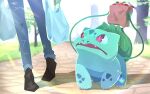  1other bag blurry bright_pupils brown_footwear bulbasaur claws commentary_request day denim fangs grass highres holding jeans looking_up open_mouth outdoors pants paper_bag path plant pokemon purple_eyes shoes shopping_bag spring_onion torokko tree vines 