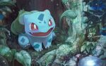  :d bright_pupils bulbasaur claws commentary_request fangs happy leaf mine101 no_humans open_mouth plant pokemon pokemon_(creature) red_eyes sitting smile solo tongue vines water_drop white_pupils 