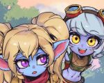  2girls :d arms_behind_back bangs bare_shoulders blonde_hair blue_skin colored_skin crop_top detached_sleeves eyebrows_visible_through_hair fang goggles goggles_on_head grass league_of_legends long_hair looking_at_viewer midriff multiple_girls navel outdoors phantom_ix_row pink_eyes pointy_ears poppy_(league_of_legends) red_scarf scarf shiny shiny_hair slit_pupils smile teeth tree tristana twintails yellow_eyes yordle 