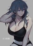 1girl alternate_costume black_camisole black_panties blue_eyes blue_hair breasts byleth_(fire_emblem) byleth_(fire_emblem)_(female) camisole cleavage closed_mouth commentary cowboy_shot expressionless eyebrows_visible_through_hair fire_emblem fire_emblem:_three_houses grey_background hair_between_eyes hand_in_own_hair l0gman large_breasts long_hair looking_to_the_side midriff navel panties shade simple_background sleeveless solo spaghetti_strap taut_clothes twitter_username underwear 