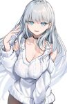 1girl bangs bare_shoulders black_choker blue_eyes blue_nails breasts choker cleavage clothing_cutout earrings gu_luco highres jewelry large_breasts long_hair looking_at_viewer open_mouth original pantyhose shoulder_cutout silver_hair sweater white_background white_sweater 