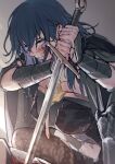 1girl armor armored_dress black_cloak black_dress black_legwear blood blood_on_face blood_on_weapon blue_eyes blue_hair breasts byleth_(fire_emblem) byleth_(fire_emblem)_(female) cloak closed_mouth commentary dress expressionless eyebrows_visible_through_hair feet_out_of_frame fire_emblem fire_emblem:_three_houses hair_between_eyes holding holding_sword holding_weapon l0gman large_breasts light long_hair looking_down pantyhose solo_focus stab sword vambraces weapon 
