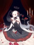  1girl bangs black_dress breasts candle cleavage closed_mouth cup curtains detached_sleeves dress drinking_glass flower halo highres horns large_breasts original pappap petals red_eyes skull solo star_(sky) white_hair wine_glass wings 