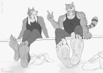  2021 absurd_res anthro barefoot beastars big_feet big_muscles bill_(beastars) bottomwear canid canid_kaiba canine canis claws clothing crossed_feet crossed_legs dirty_feet discarded_footwear duo feet feet_together feet_together_knees_apart felid foot_fetish foot_focus footwear hi_res huge_feet humanoid_feet legoshi_(beastars) looking_at_another male mammal monochrome multicolored_body muscular muscular_arms muscular_male open_mouth pantherine pants scar sharp_teeth shoes simple_background sitting size_difference socks soles teeth tiger toe_claws wolf wrinkled_feet 
