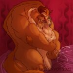  2022 anthro arms_around_waist beast_(disney) beauty_and_the_beast bed_sheet bedding big_muscles bodily_fluids brown_body brown_fur brown_hair cum disney duo ejaculation embrace eyes_closed fangs fur genital_fluids genitals hair handjob hi_res holding_partner horn hug human human_on_anthro interspecies intimate larger_anthro larger_male male male/male mammal monster muscular muscular_anthro muscular_male nipples nude penile penis romantic romantic_couple sex signature size_difference smaller_human smaller_male the_last_envoy 