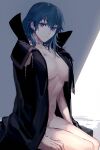  1girl blue_hair borrowed_garments breasts byleth_(fire_emblem) byleth_(fire_emblem)_(female) cloak expressionless eyebrows_visible_through_hair feet_out_of_frame fire_emblem fire_emblem:_three_houses grey_background hair_between_eyes hickey l0gman large_breasts light looking_at_viewer medium_hair naked_cloak parted_lips purple_eyes scar shade simple_background sitting solo white_background 