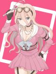  1girl absurdres antenna_hair bangs barbed_wire black_choker black_gloves blonde_hair blue_eyes bow bowtie breasts choker cleavage cowboy_shot danganronpa_(series) danganronpa_v3:_killing_harmony fingerless_gloves garter_straps gloves goggles goggles_on_head hand_on_hip highres holding holding_wrench iruma_miu large_breasts long_hair long_sleeves pink_background pink_shirt pink_skirt pleated_skirt raimone_(nekokirinv3) sailor_collar shirt skirt two-tone_background white_background white_sailor_collar wrench 