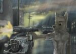  1920s anthro brown_body brown_eyes brown_fur canid canine car clothing detailed_background firing_weapon fur holding_object holding_weapon male mammal solo translucent translucent_clothing vehicle weapon wolfyalex96_(artist) 