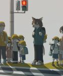  anthro avogado6 canid canine canis child clothed clothing female footwear gesture group hi_res human male mammal old_man pointing randoseru shoes traffic_light wolf young 