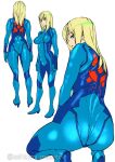  1girl ashiomi_masato ass back bangs blonde_hair blue_eyes bodysuit breasts butt_crack closed_mouth cosplay guilty_gear guilty_gear_xrd high_heels large_breasts long_hair looking_at_viewer looking_back metroid millia_rage multiple_views parted_lips samus_aran samus_aran_(cosplay) simple_background skin_tight solo squatting twitter_username white_background zero_suit 