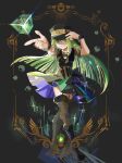  1girl alina_gray boots bracelet cirrus fishnet_legwear fishnets garter_straps green_eyes green_hair grey_background hat highres jewelry long_hair looking_at_viewer magia_record:_mahou_shoujo_madoka_magica_gaiden mahou_shoujo_madoka_magica multicolored_background pointing short_sleeves solo 