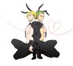  2boys abs alternate_costume animal_ears ass-to-ass back-to-back bare_pectorals blonde_hair cropped_jacket facial_hair frown full_body goatee green_hair high_heels latex latex_legwear locked_arms long_sideburns male_focus male_playboy_bunny meme_attire multiple_boys one_piece pantyhose pectorals rabbit_ears reverse_bunnysuit reverse_outfit roronoa_zoro sanji short_hair shrug_(clothing) sideburns taro_(honyarara00) toned toned_male 