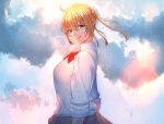  1girl blonde_hair blue_eyes bouhatei_(t-back) bow bowtie closed_mouth clothes_around_waist cloud cloudy_sky commentary_request day half-closed_eyes highres lens_flare looking_at_viewer looking_back onishima_homare outdoors rain red_bow red_bowtie school_uniform shirt sky sleeves_rolled_up smile solo sounan_desuka? twintails upper_body white_shirt 