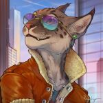  2022 anthro brown_body brown_fur cheek_tuft clothed clothing day detailed_background digital_media_(artwork) dipstick_ears facial_tuft felid feline fur inner_ear_fluff male mammal multicolored_ears neck_tuft orange_eyes outside rogueliger sky smile solo tuft whiskers 