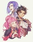  1girl 2boys alternate_costume alternate_hairstyle armor armored_dress ascot black_hair breasts claude_von_riegan closed_mouth clothing_cutout commentary_request cropped_torso dark-skinned_male dark_skin dress fire_emblem fire_emblem:_three_houses fire_emblem_warriors:_three_hopes gloves green_eyes hair_bun hilda_valentine_goneril looking_at_another looking_away lorenz_hellman_gloucester medium_breasts mochimillet multiple_boys official_alternate_costume official_alternate_hairstyle one_eye_closed open_mouth pink_dress pink_eyes pink_gloves pink_hair purple_eyes purple_hair short_hair shoulder_armor smile white_ascot 